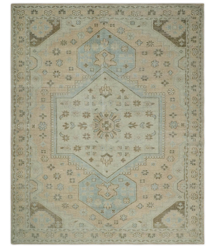 Custom Made Low Pile Hand Knotted Peach and Blue Traditional Design Wool Area Rug - The Rug Decor
