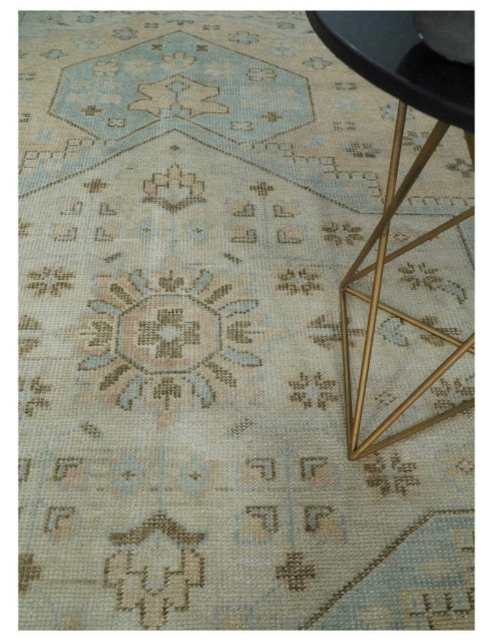 Custom Made Low Pile Hand Knotted Peach and Blue Traditional Design Wool Area Rug - The Rug Decor