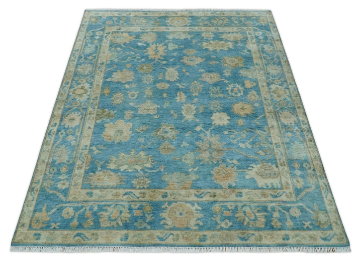 Custom Made Oushak Hand Knotted Blue and Beige Traditional Wool Rug - The Rug Decor