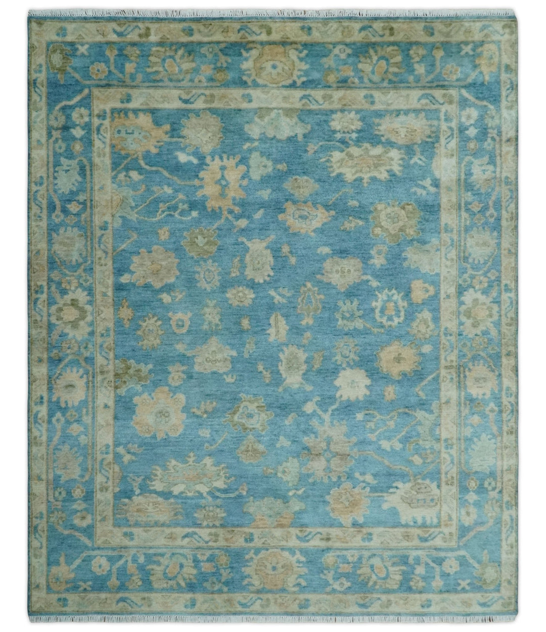 Custom Made Oushak Hand Knotted Blue and Beige Traditional Wool Rug - The Rug Decor