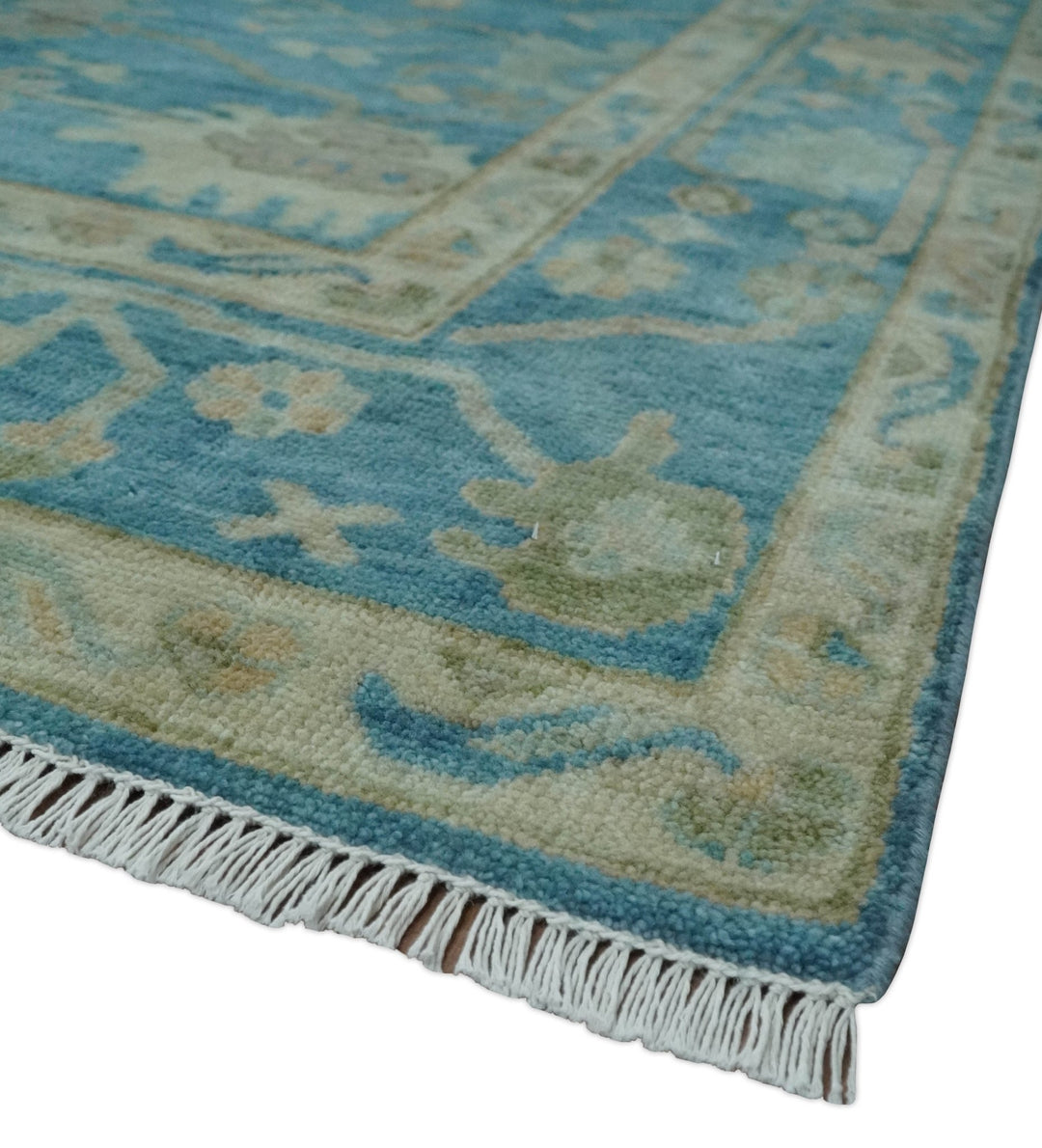 Custom Made Oushak Hand Knotted Blue and Beige Traditional Wool Rug - The Rug Decor