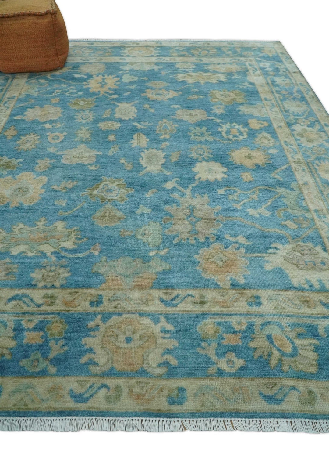 Custom Made Oushak Hand Knotted Blue and Beige Traditional Wool Rug - The Rug Decor