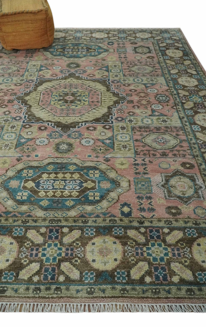 Custom Made Pink, Beige and Olive Hand knotted Medallion Mamluk Multi Size wool Area Rug - The Rug Decor