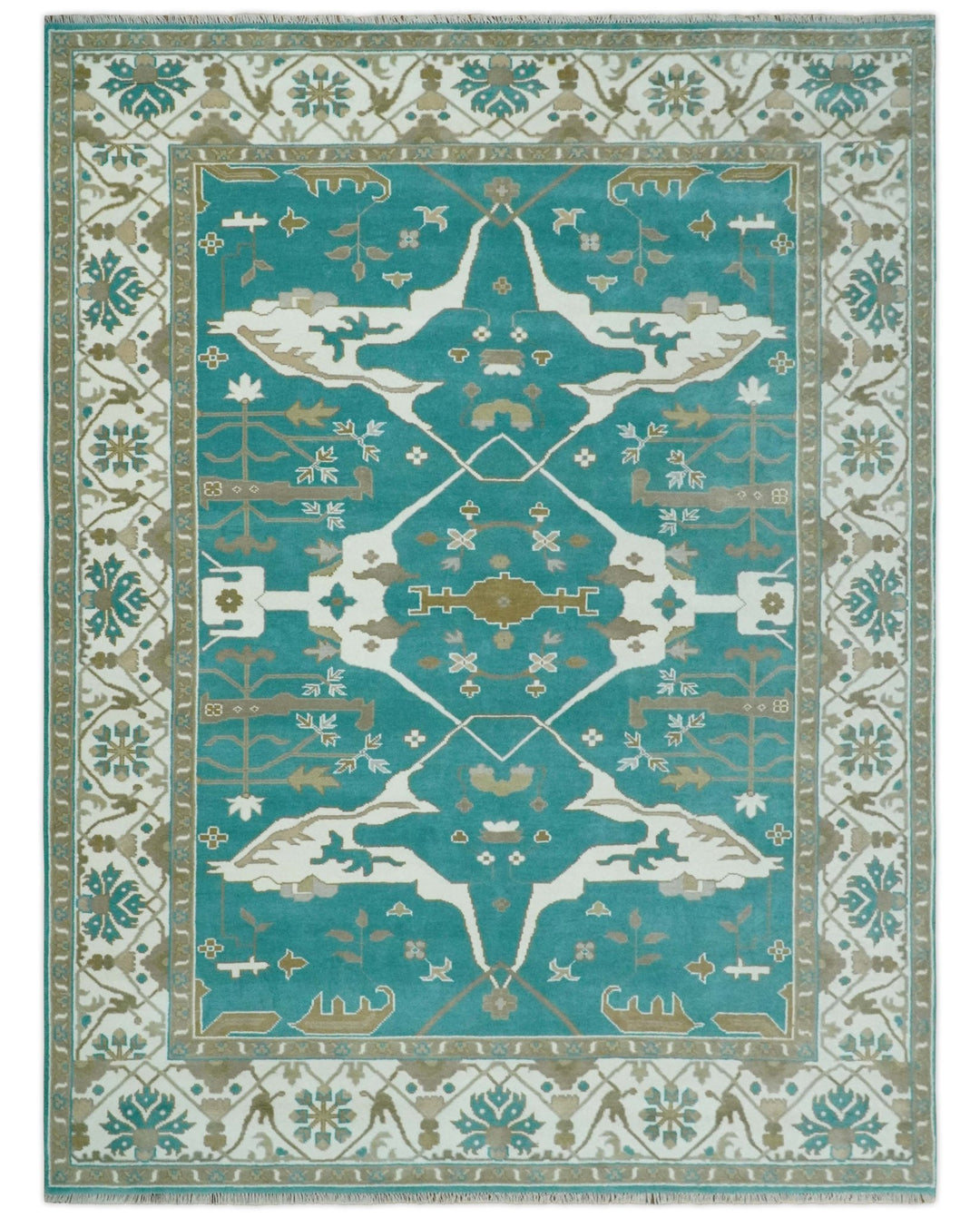 Custom Made Teal and Ivory Hand knotted Oriental Oushak Multi Size wool Area Rug - The Rug Decor