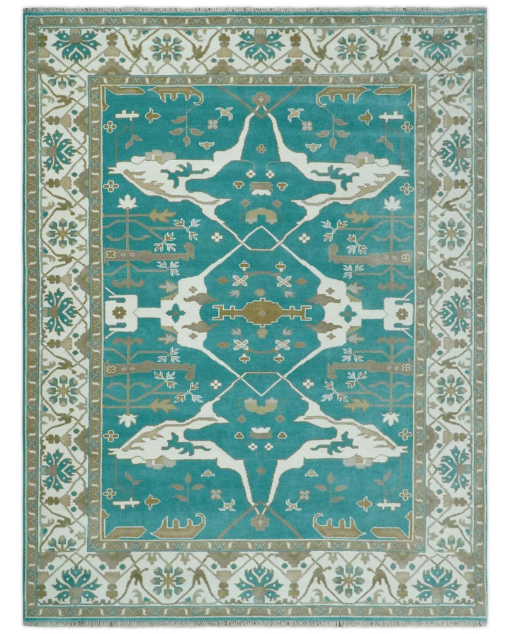 Custom Made Teal and Ivory Hand knotted Oriental Oushak Multi Size wool Area Rug - The Rug Decor