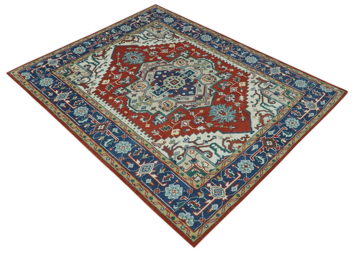 Custom Made Traditional Brown, Ivory and Blue Heriz Medallion Wool Area Rug - The Rug Decor
