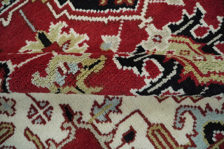 Custom Made Traditional Heriz Red, Ivory, Black and Beige Hand knotted Medallion Wool Area Rug - The Rug Decor