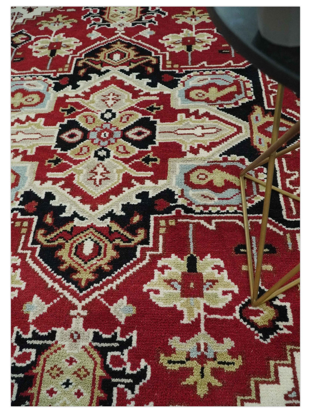 Custom Made Traditional Heriz Red, Ivory, Black and Beige Hand knotted Medallion Wool Area Rug - The Rug Decor
