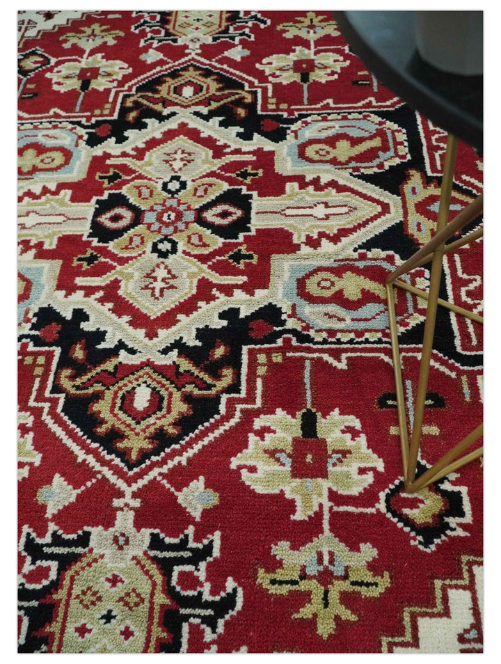 Custom Made Traditional Heriz Red, Ivory, Black and Beige Hand knotted Medallion Wool Area Rug - The Rug Decor