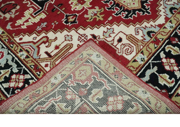 Custom Made Traditional Heriz Red, Ivory, Black and Beige Hand knotted Medallion Wool Area Rug - The Rug Decor