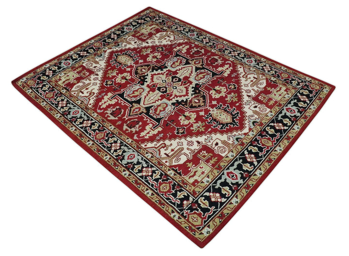 Custom Made Traditional Heriz Red, Ivory, Black and Beige Hand knotted Medallion Wool Area Rug - The Rug Decor
