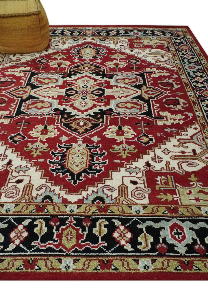 Custom Made Traditional Heriz Red, Ivory, Black and Beige Hand knotted Medallion Wool Area Rug - The Rug Decor