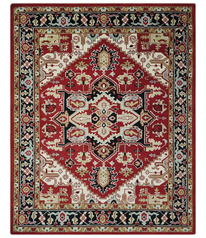 Custom Made Traditional Heriz Red, Ivory, Black and Beige Hand knotted Medallion Wool Area Rug - The Rug Decor