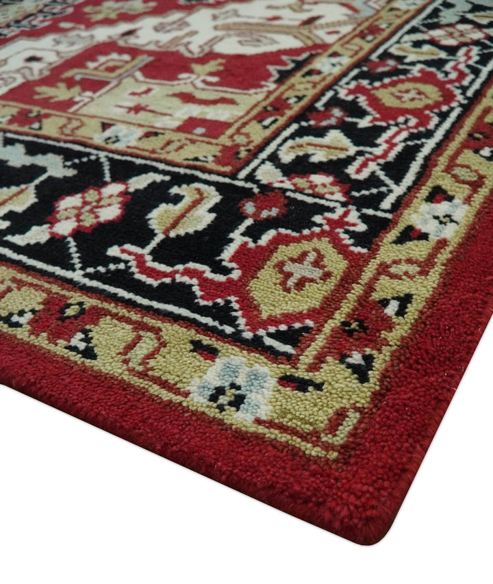 Custom Made Traditional Heriz Red, Ivory, Black and Beige Hand knotted Medallion Wool Area Rug - The Rug Decor