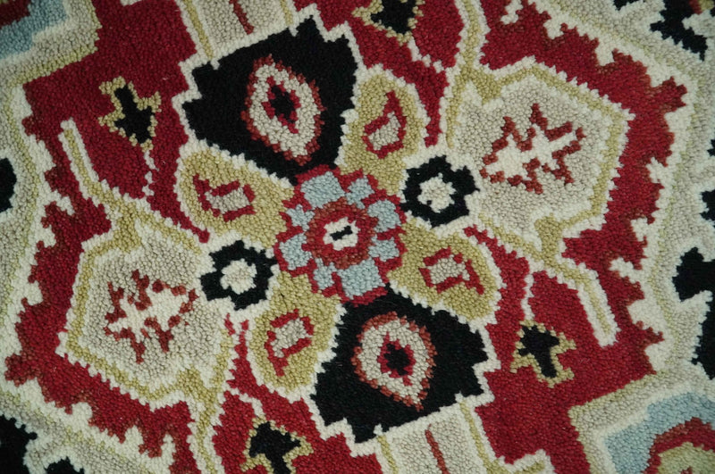 Custom Made Traditional Heriz Red, Ivory, Black and Beige Hand knotted Medallion Wool Area Rug - The Rug Decor