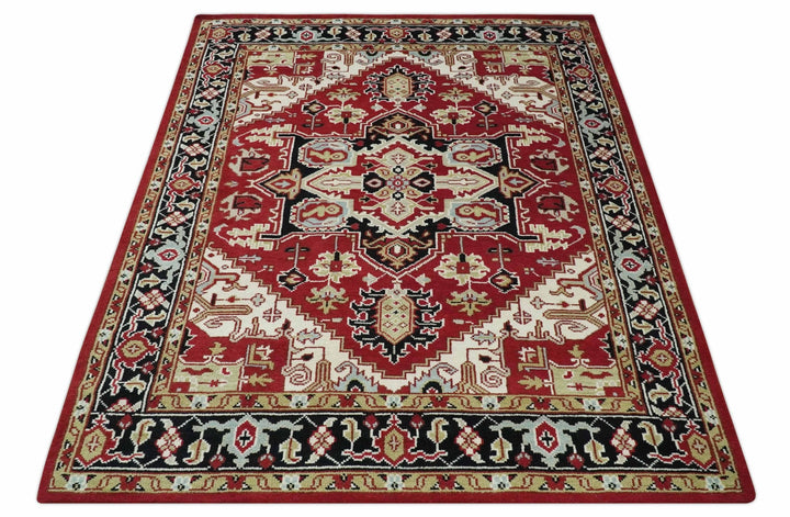 Custom Made Traditional Heriz Red, Ivory, Black and Beige Hand knotted Medallion Wool Area Rug - The Rug Decor