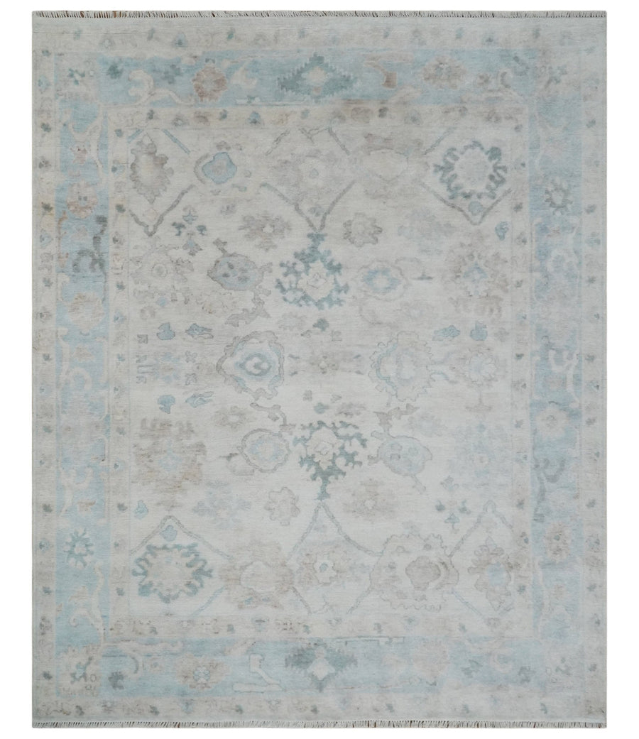 Custom Made Traditional Ivory and Silver Antique Style Oushak Hand knotted Wool Area Rug - The Rug Decor