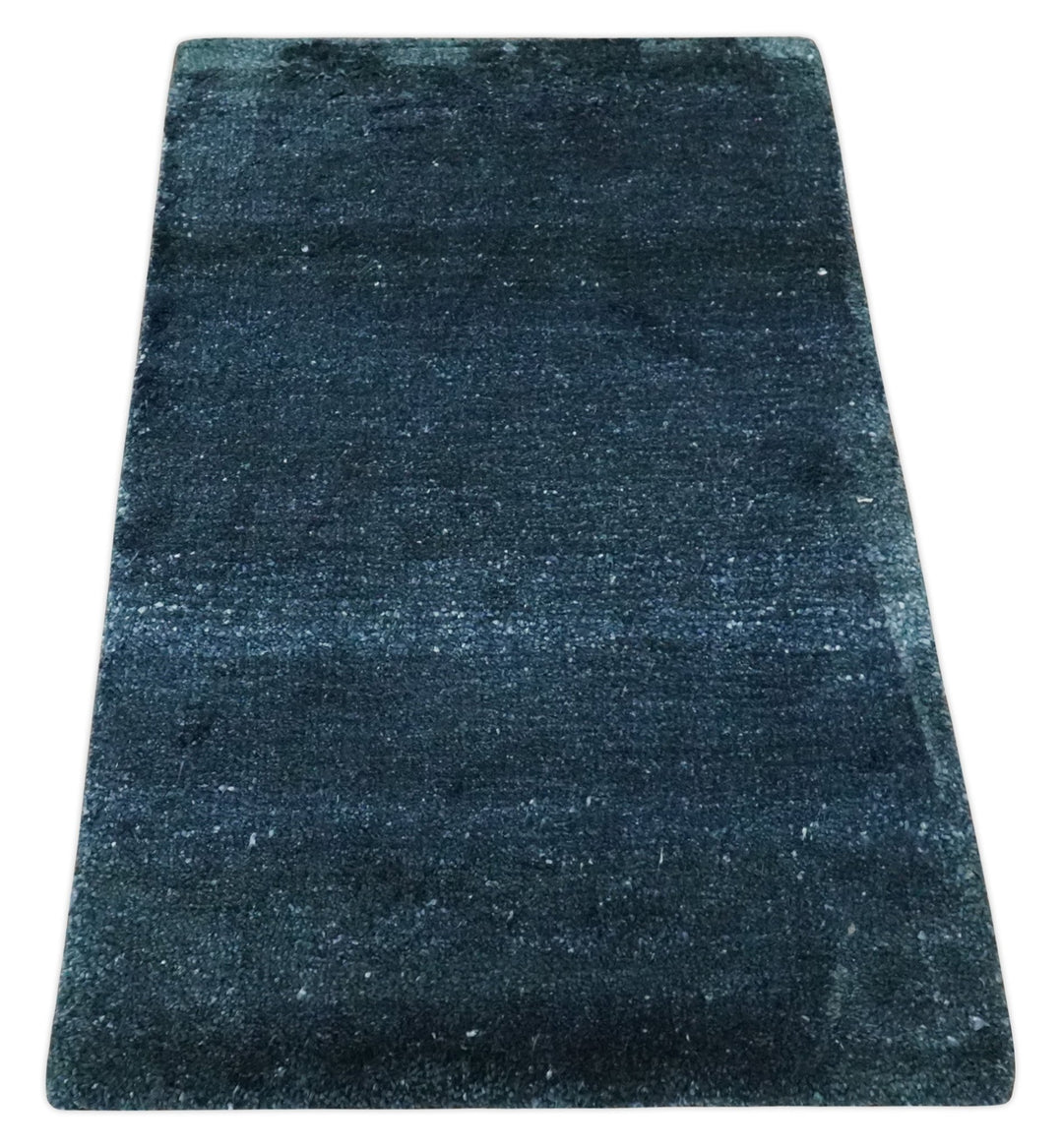 Dark Blue 2x3 Hand Knotted Solid Blue Rug made with Art Silk | N6623 - The Rug Decor