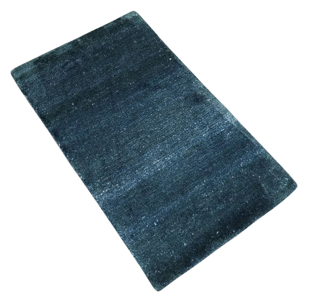 Dark Blue 2x3 Hand Knotted Solid Blue Rug made with Art Silk | N6623 - The Rug Decor
