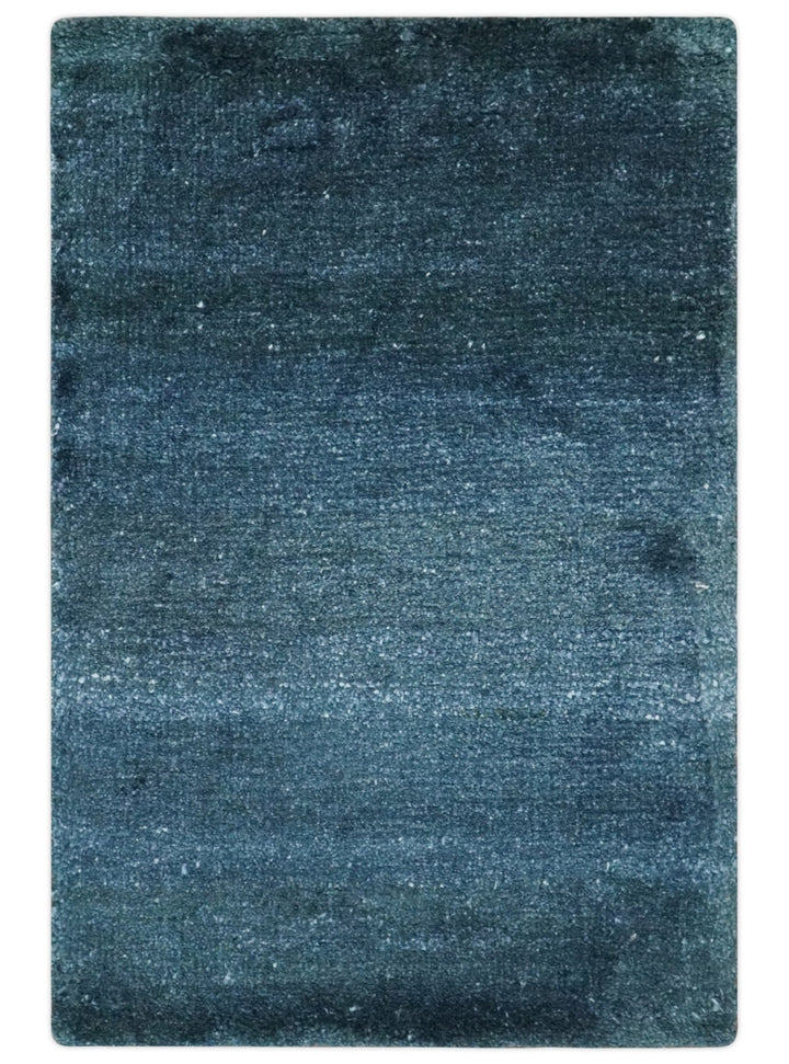 Dark Blue 2x3 Hand Knotted Solid Blue Rug made with Art Silk | N6623 - The Rug Decor