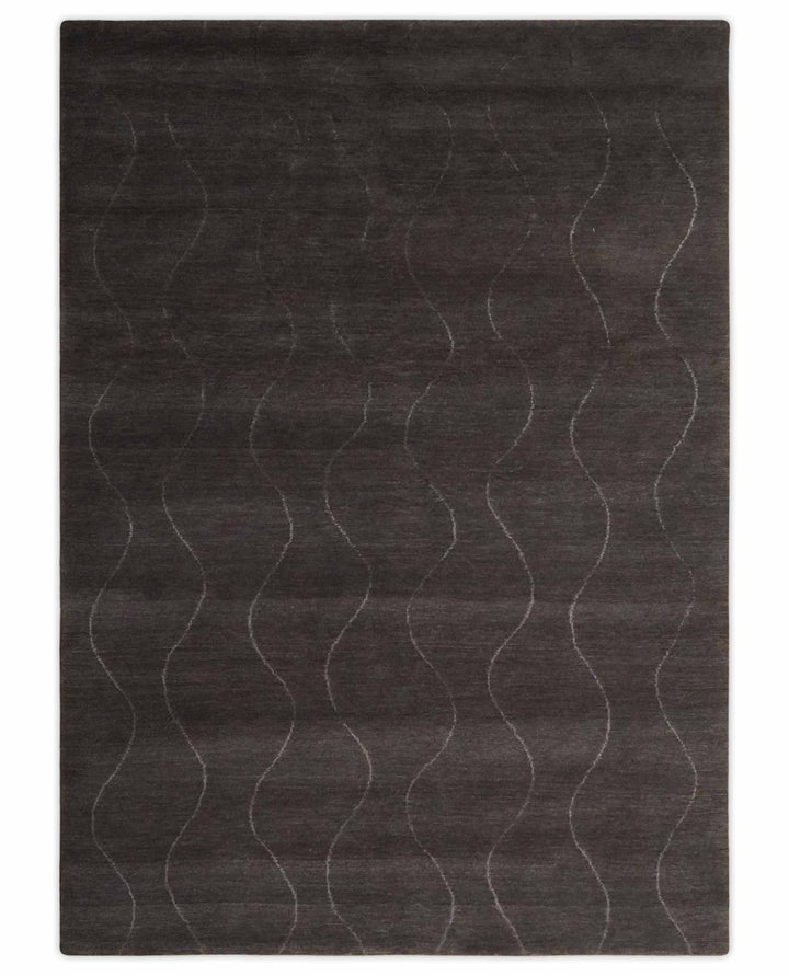 Dark Brown and Ivory Modern Stripes Pattern Hand knotted 5x7 wool and Art Silk Area Rug - The Rug Decor