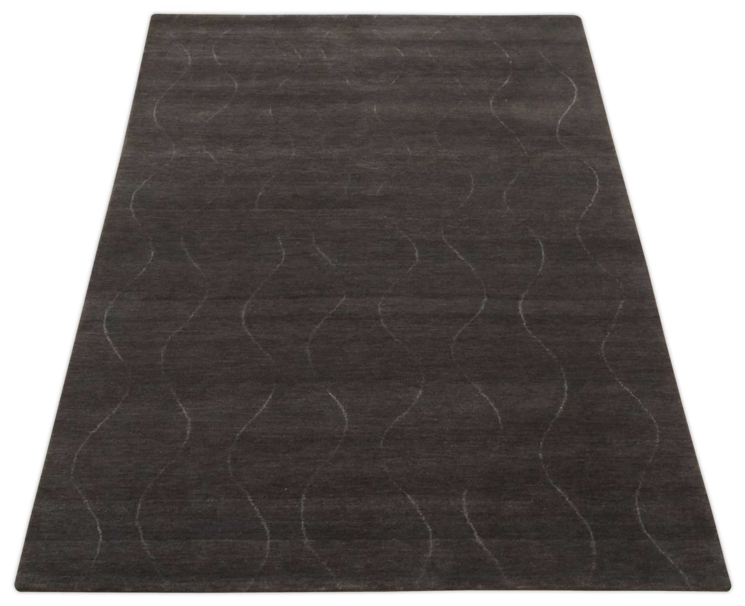 Dark Brown and Ivory Modern Stripes Pattern Hand knotted 5x7 wool and Art Silk Area Rug - The Rug Decor