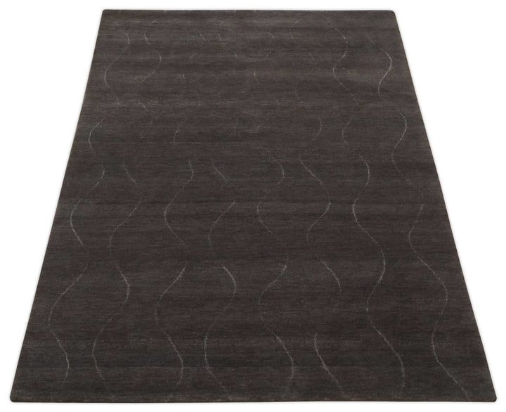 Dark Brown and Ivory Modern Stripes Pattern Hand knotted 5x7 wool and Art Silk Area Rug - The Rug Decor