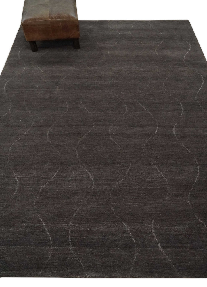 Dark Brown and Ivory Modern Stripes Pattern Hand knotted 5x7 wool and Art Silk Area Rug - The Rug Decor