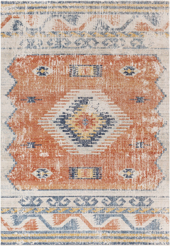 Dark Peach, Silver and Blue Traditional Mamluk Design Outdoor Safe Area Rug - The Rug Decor