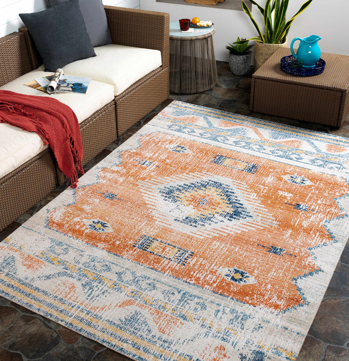 Dark Peach, Silver and Blue Traditional Mamluk Design Outdoor Safe Area Rug - The Rug Decor