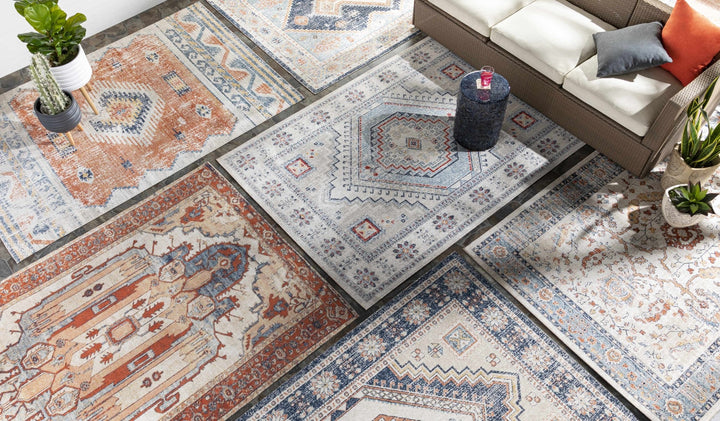 Dark Peach, Silver and Blue Traditional Mamluk Design Outdoor Safe Area Rug - The Rug Decor