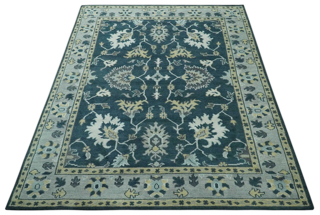 Dark Teal, Silver, Blue and Ivory Hand Knotted Traditional Oushak Multi Size Area Rug - The Rug Decor