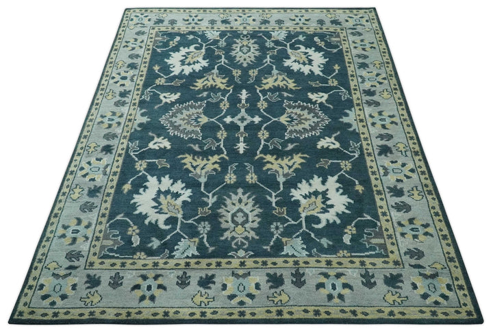 Dark Teal, Silver, Blue and Ivory Hand Knotted Traditional Oushak Multi Size Area Rug - The Rug Decor