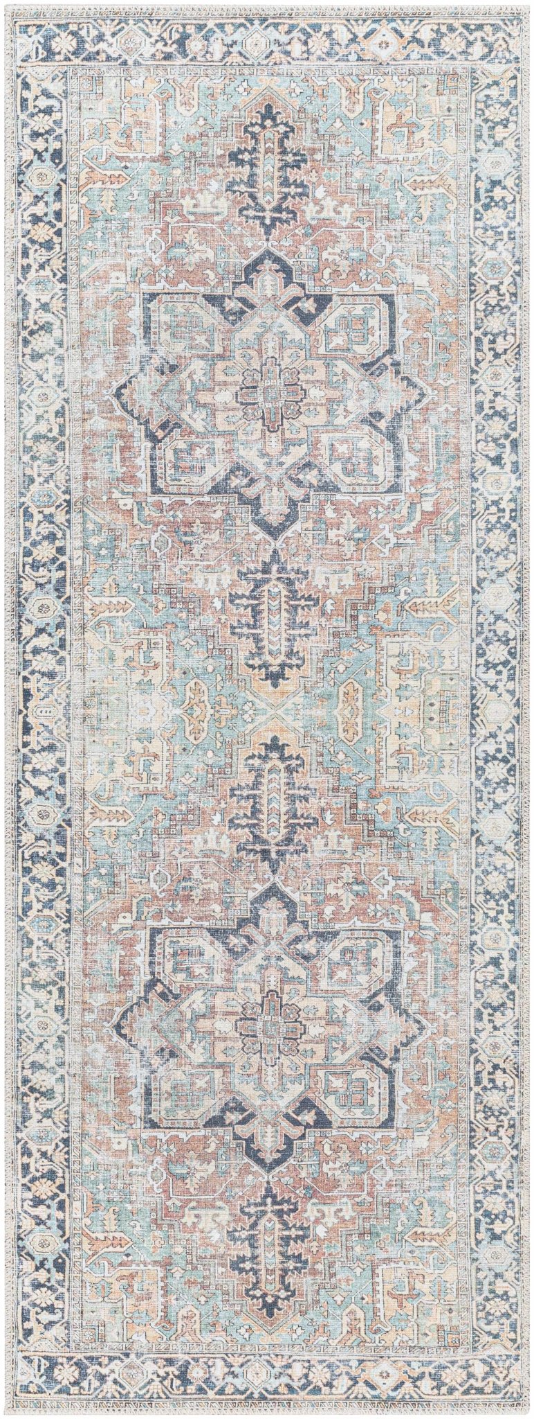 Distressed Finished Brown, Aqua, Blue and Beige Vintage Style Washable Rug - The Rug Decor