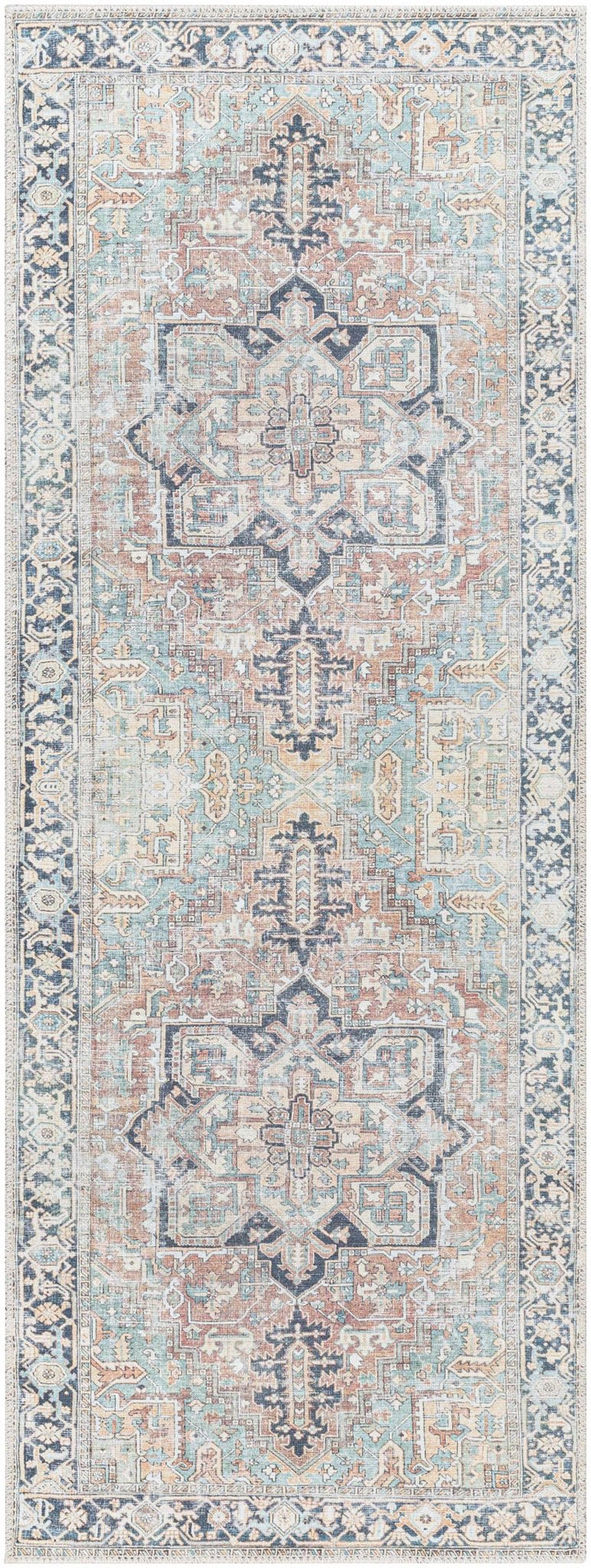 Distressed Finished Brown, Aqua, Blue and Beige Vintage Style Washable Rug - The Rug Decor