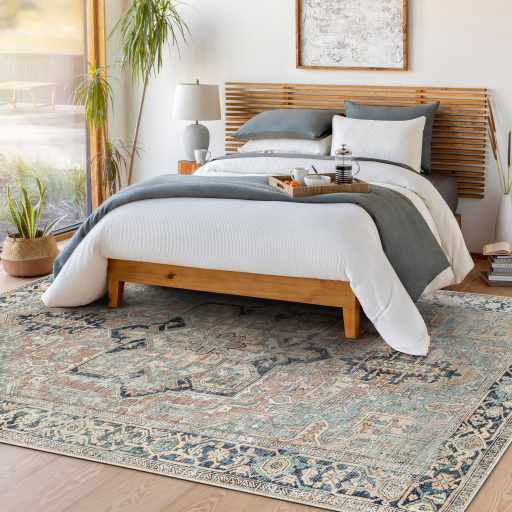 Distressed Finished Brown, Aqua, Blue and Beige Vintage Style Washable Rug - The Rug Decor