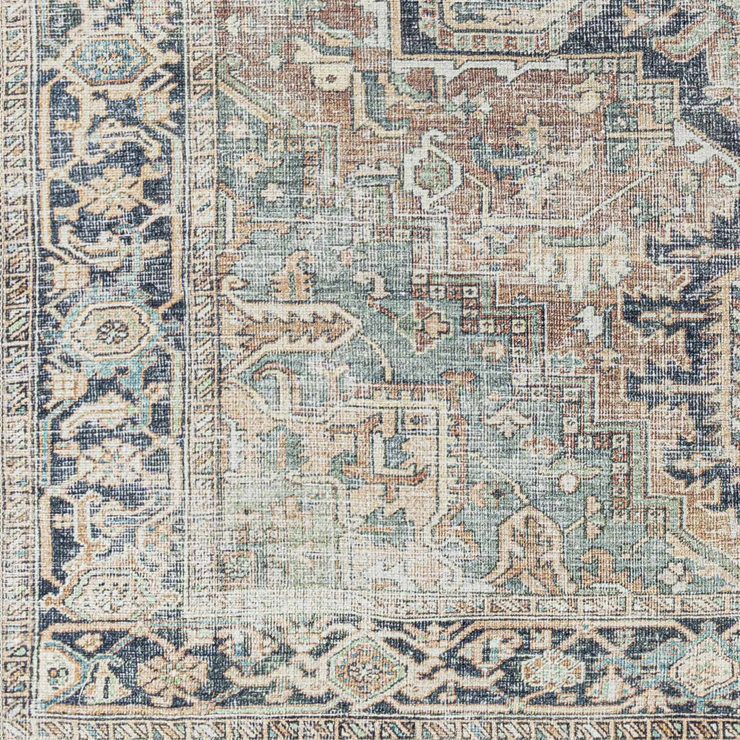 Distressed Finished Brown, Aqua, Blue and Beige Vintage Style Washable Rug - The Rug Decor