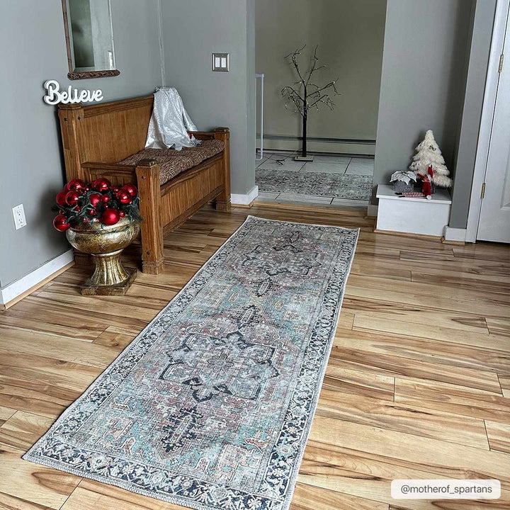 Distressed Finished Brown, Aqua, Blue and Beige Vintage Style Washable Rug - The Rug Decor