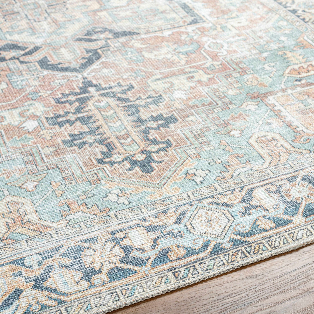 Distressed Finished Brown, Aqua, Blue and Beige Vintage Style Washable Rug - The Rug Decor