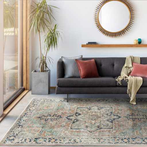 Distressed Finished Brown, Aqua, Blue and Beige Vintage Style Washable Rug - The Rug Decor