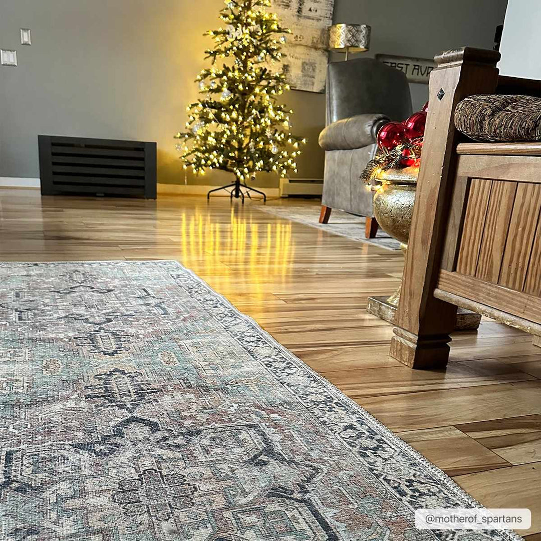 Distressed Finished Brown, Aqua, Blue and Beige Vintage Style Washable Rug - The Rug Decor