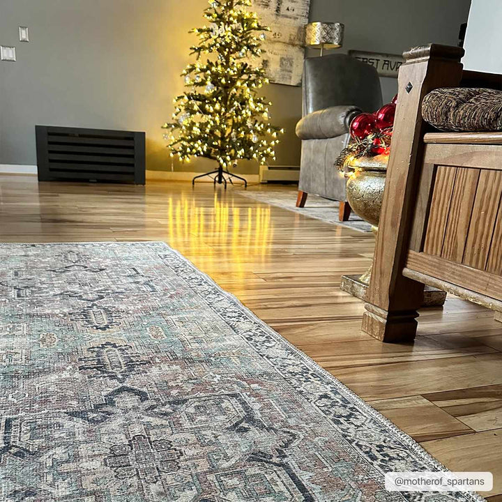 Distressed Finished Brown, Aqua, Blue and Beige Vintage Style Washable Rug - The Rug Decor