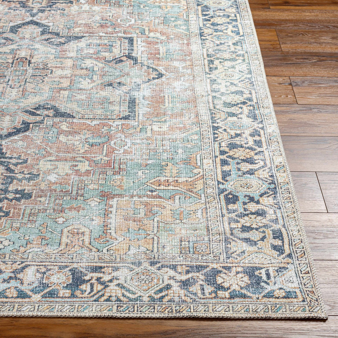 Distressed Finished Brown, Aqua, Blue and Beige Vintage Style Washable Rug - The Rug Decor