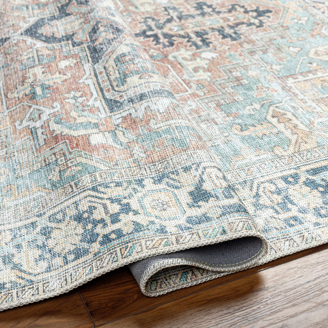Distressed Finished Brown, Aqua, Blue and Beige Vintage Style Washable Rug - The Rug Decor