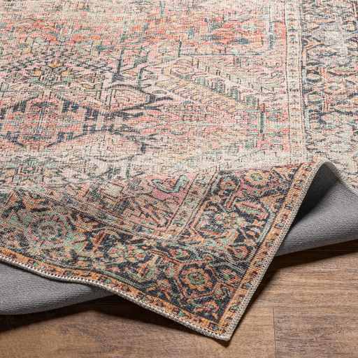 Distressed Finished Vintage Style Peach and Charcoal Traditional Washable Rug - The Rug Decor