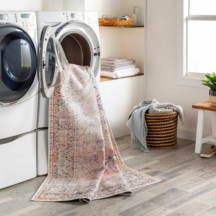 Distressed Finished Vintage Style Peach and Charcoal Traditional Washable Rug - The Rug Decor