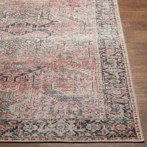 Distressed Finished Vintage Style Peach and Charcoal Traditional Washable Rug - The Rug Decor
