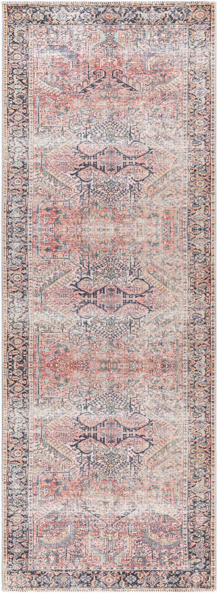 Distressed Finished Vintage Style Peach and Charcoal Traditional Washable Rug - The Rug Decor