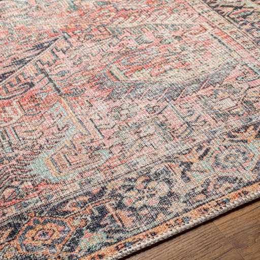 Distressed Finished Vintage Style Peach and Charcoal Traditional Washable Rug - The Rug Decor