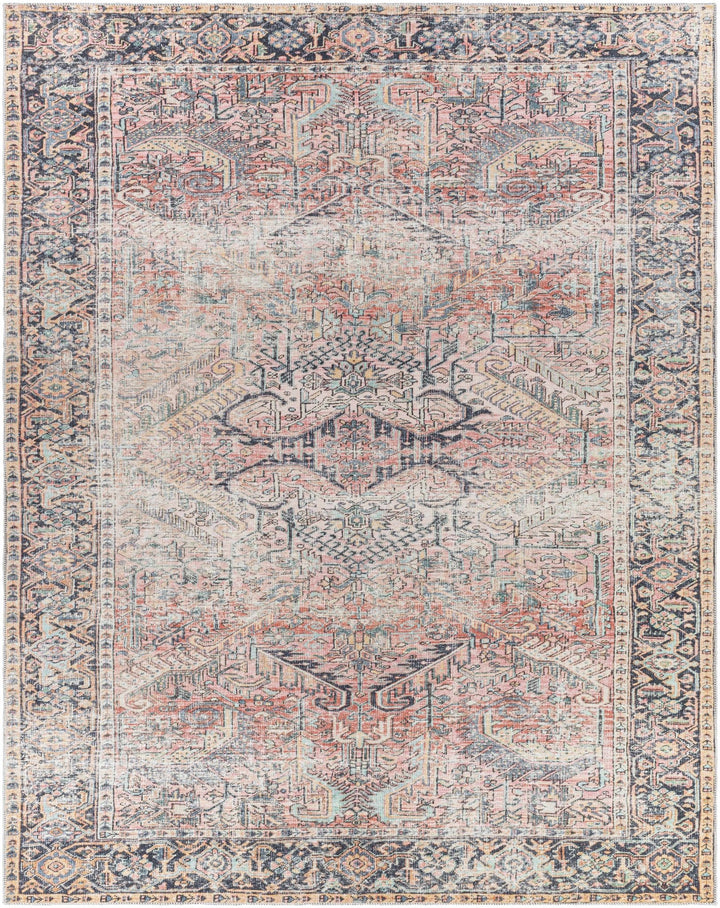 Distressed Finished Vintage Style Peach and Charcoal Traditional Washable Rug - The Rug Decor